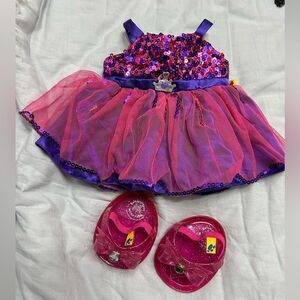 Build A Bear Fuchsia Sequin Lace Overlay Dress & Glitter Bow Jelly Shoes Bundle